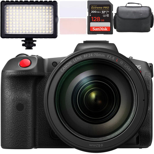 Canon EOS R5 C Mirrorless Cinema Camera w/Canon RF 24-70mm f/2.8 L is USM Lens + LED Video Light + Camera Case + 128GB Memory (15pc Bundle) (Renewed)