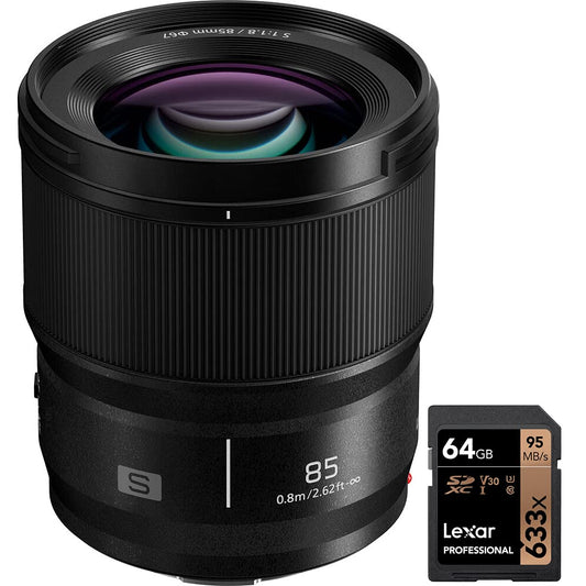 Panasonic S-S85 LUMIX S 85mm f/1.8 L-Mount Interchangeable Lens for Mirrorless Cameras Bundle with Lexar Professional 633x 64GB UHS-1 Class 10 SDXC Memory Card