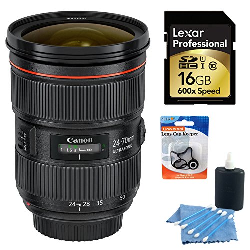 Beach Camera Canon EF 24-70mm f/2.8L II USM Lens Bundle Includes: 24-70mm Lens, Lexar 16GB Professional 600x SDHC UHS-I Memory Card, 3pc. Lens Cleaning Kit, & Lens Cap Keeper