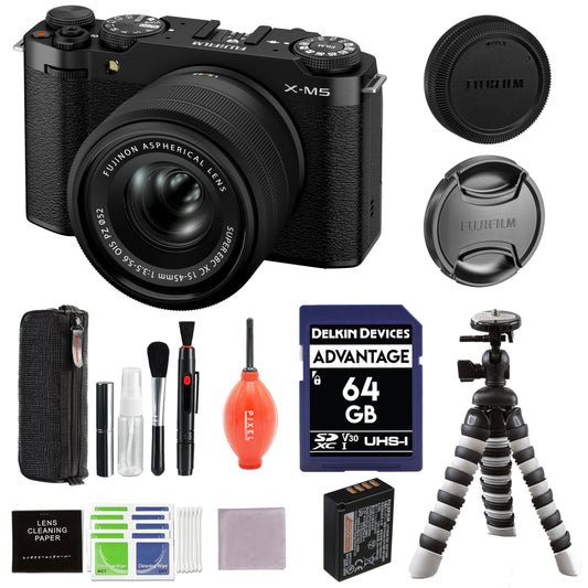 Fujifilm X-M5 Mirrorless Camera with XC 15-45mm f/3.5-5.6 Lens (Black) Bundle with Flexible Tripod, 64GB SD Card & Additional Accessories