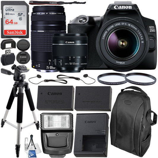Canon EOS 250D (Rebel SL3) DSLR Camera with 18-55mm & 75-300mm Canon Lenses & Essential Accessory Bundle â€“ Includes: SanDisk Ultra 64GB SDXC Memory Card, Extended Life Spare Battery & MORE