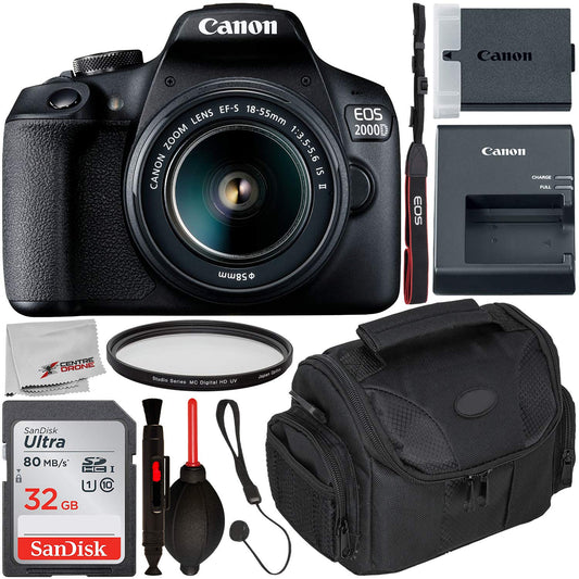 Canon EOS 2000D DSLR Camera with 18-55mm is II Lens & Starter Accessory Bundle ? Includes: SanDisk Ultra 32GB SDHC Memory Card + Camera Carrying Case + Ultraviolet Filter + Lens Cap Keeper + More