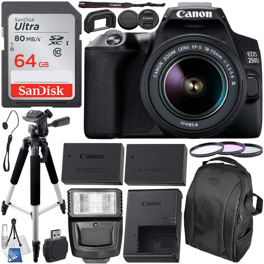 Canon EOS 250D (Rebel SL3) DSLR Camera with 18-55mm DC III Lens & Essential Accessory Bundle - Includes: SanDisk Ultra 64GB SDXC Memory Card, Extended Life Battery, Slave Flash, 57 Tripod & More