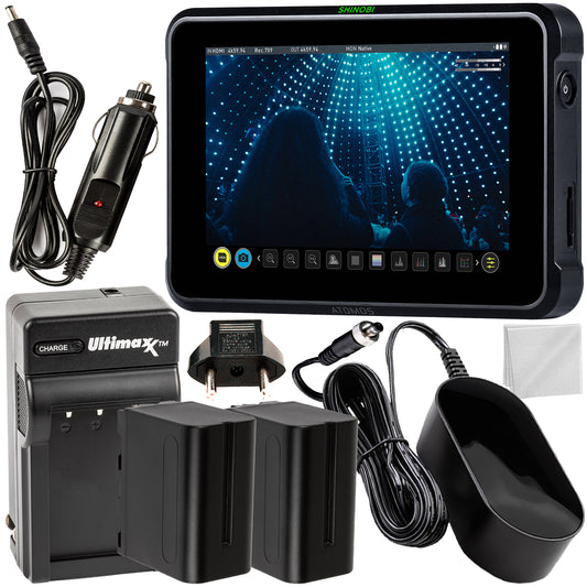 Atomos Shinobi 7 4K HDMI/SDI Monitor & Power Bundle - Includes: Manufacturer Accessories + 2x Extended Life NP-F975 Batteries + AC/DC Rapid Home & Travel Battery Charger + Microfiber Cleaning Cloth