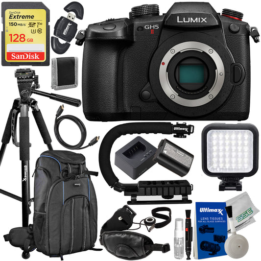 Panasonic Lumix GH5 II Mirrorless Camera (Body Only) with Essential Accessory Bundle: SanDisk 128GB Extreme SDXC, Deluxe Camera Backpack, Lightweight 60â€ Tripod & Much More