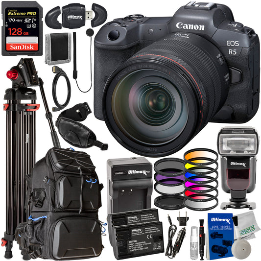 Canon EOS R5 Mirrorless Camera with 24-105mm f/4 Lens & Deluxe Accessory Bundle: SanDisk 128GB Extreme Pro SDXC, Professional 72â€ Tripod, Filter Kits & So Much More (36pc Bundle)