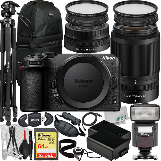 Nikon Z30 Mirrorless Camera with 16-50mm & 50-250mm Lenses + Deluxe Accessory Bundle: SanDisk 64GB Extreme SDXC, Universal Speedlite, 60â€ Tripod, 2x Batteries & Much More (33pc Bundle)