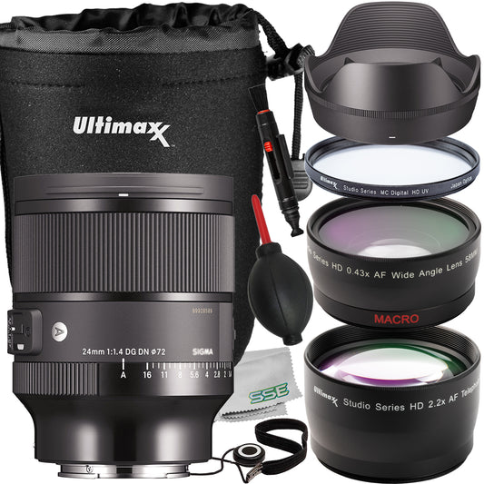 Ultimaxx Starter Sigma 24mm f/1.4 Art Lens Bundle (E-Mount) - Includes: Water-Resistant Lens Pouch, Protective UV Filter, 0.43x Wide-Angle Lens Attachment & More (12pc Bundle)