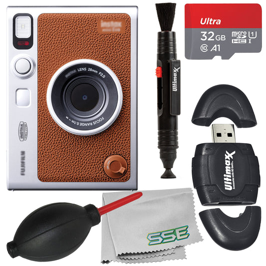 Ultimaxx Starter FUJIFILM INSTAX MINI EVO Hybrid Instant Camera Bundle (Brown): 32GB Ultra microSD Memory Card, High-Speed Memory Card Reader & More (8pc Bundle)